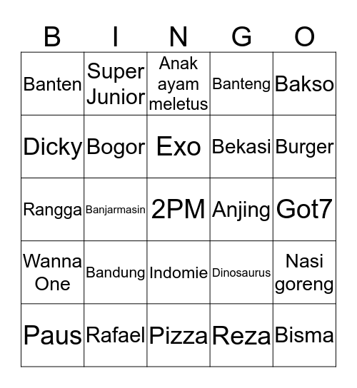 Diosaurus Bingo Card