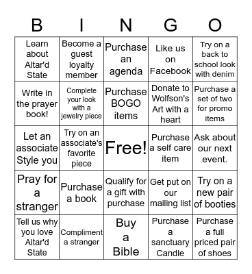 Altar'd State Back to School Bingo Card