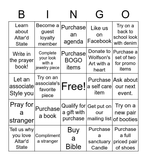 Altar'd State Back to School Bingo Card