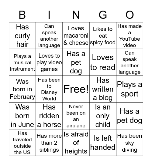 Get to Know You Bingo Card