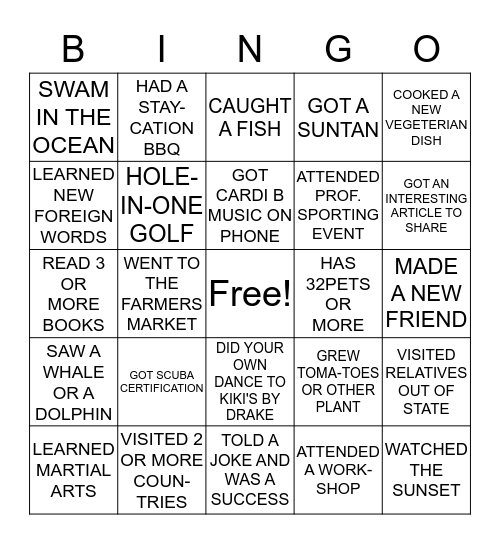 Vacation  Bingo Card