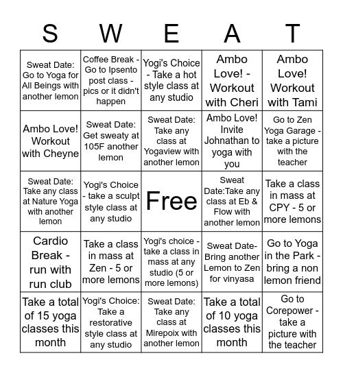 August Sweat Challenge Bingo Card