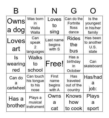 Getting to Know You Bingo Card