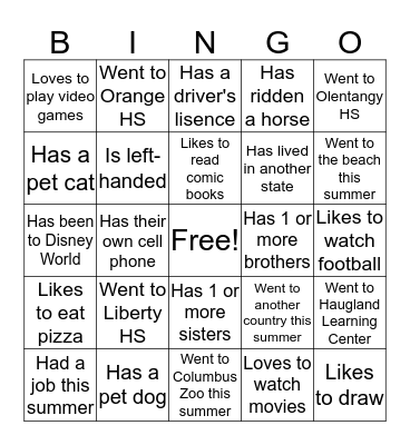 Getting to Know You Bingo Card