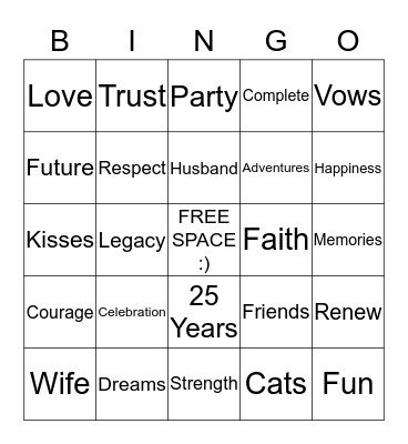 Paul & Kimberly Silver Anniversary Bingo Card