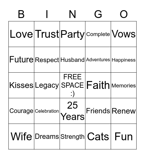 Paul & Kimberly Silver Anniversary Bingo Card