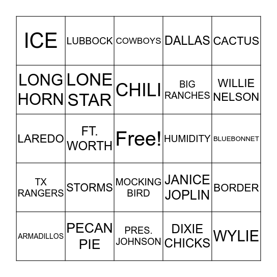 TEXAS Bingo Card