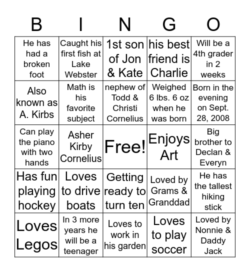 Asher BINGO Card