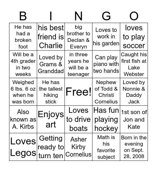 ASHER BINGO Card