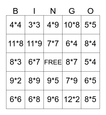 Multiplication BINGO Card
