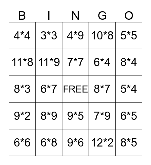 Multiplication BINGO Card