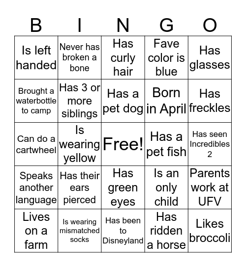 Camp Bingo Card