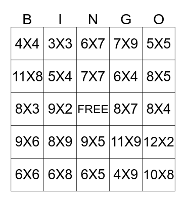 Multiplication BINGO Card