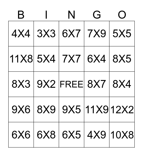 Multiplication BINGO Card