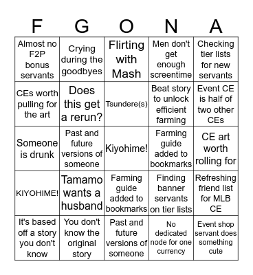 FGO Event Bingo Card