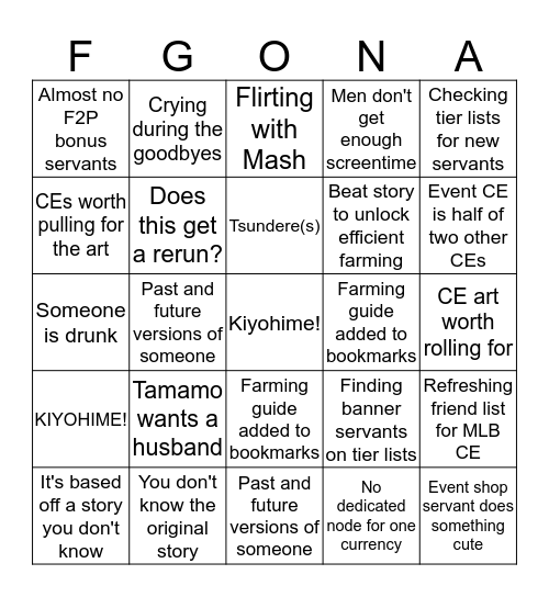 FGO Event Bingo Card