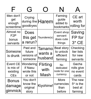 FGO Event Bingo Card