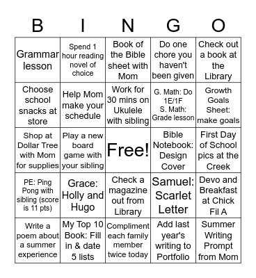 Creekside Christian First Day of School Bingo Card