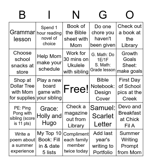 Creekside Christian First Day of School Bingo Card