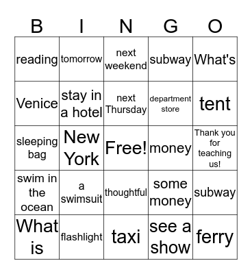 On Vacation Bingo Card