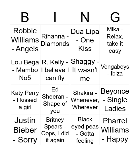 Song Bingo  Bingo Card