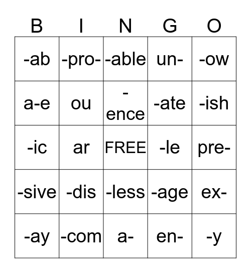 WORD PARTS BINGO Card