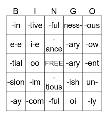 WORD PARTS BINGO Card