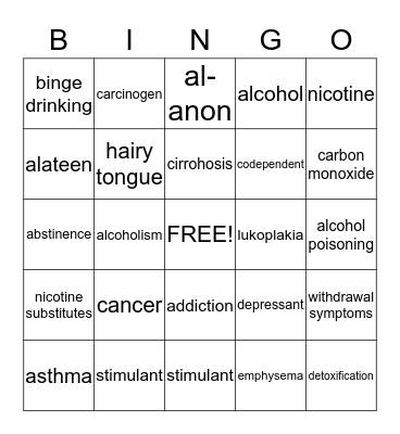 Alcohol & Tobacco Vocabulary Words Bingo Card