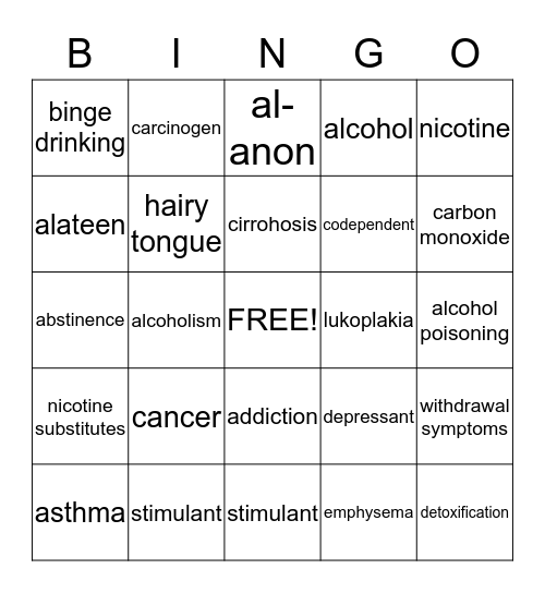 Alcohol & Tobacco Vocabulary Words Bingo Card