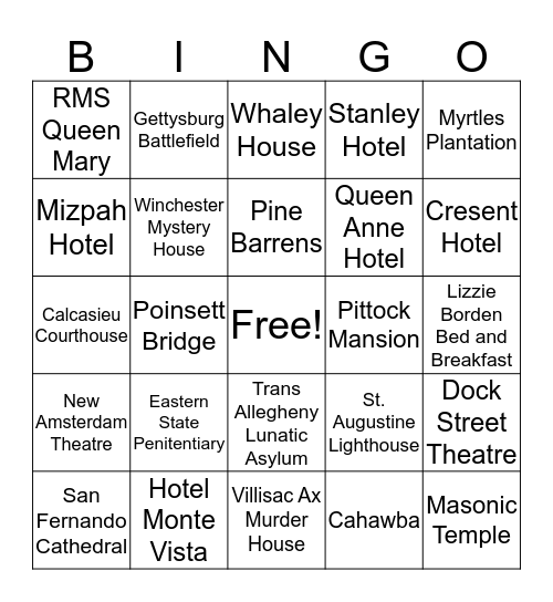 Haunted Places in USA Bingo Card