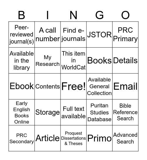 William Perkins Library  Bingo Card