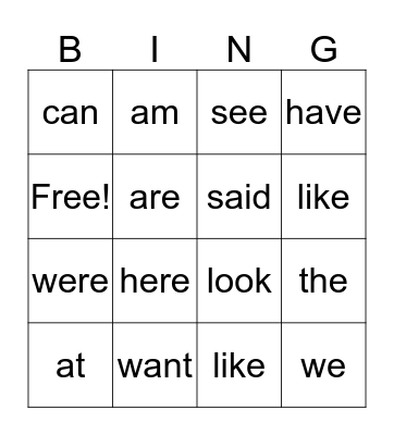 sight words Bingo Card