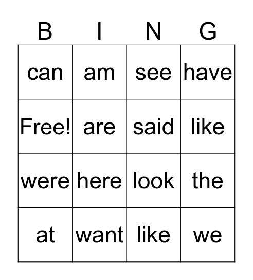sight words Bingo Card