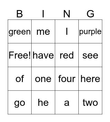 Sight Words Bingo Card