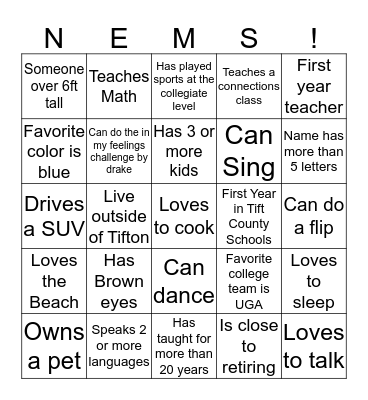Northeast Middle School  Bingo Card