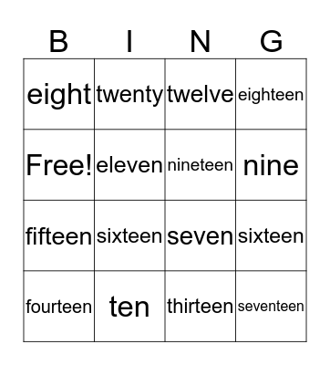 number words Bingo Card