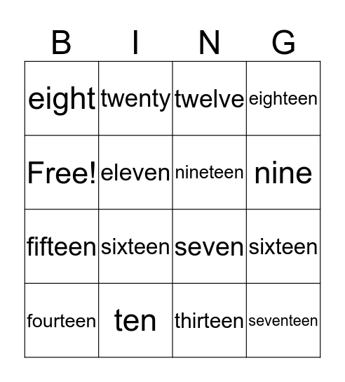 number words Bingo Card