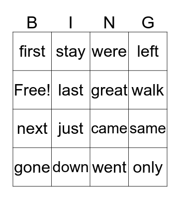 Sight Words Bingo Card