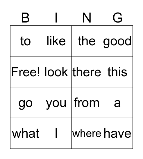 Sight Words Bingo Card