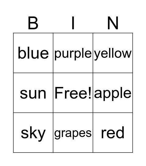 Sight Words Bingo Card