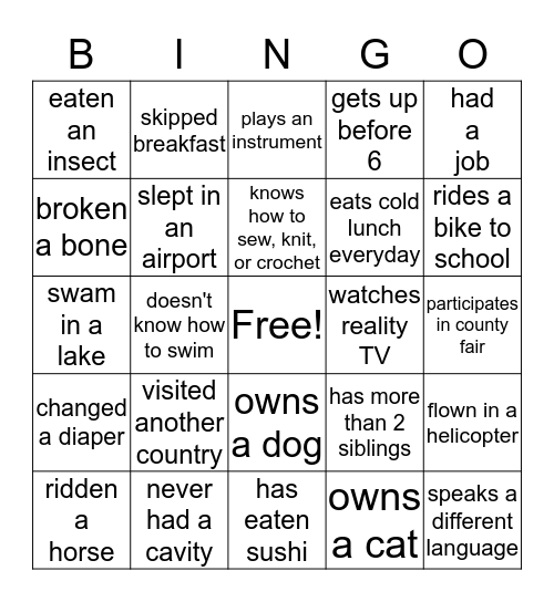 Nice to Meet You Bingo Card