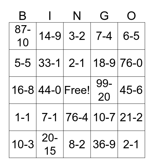 Subtraction Bingo Card