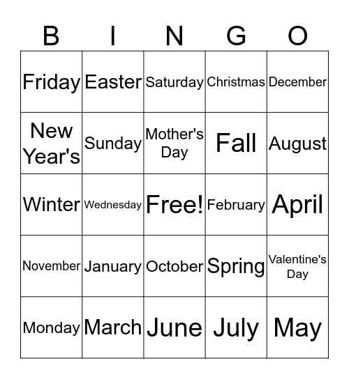 The Clalender Bingo Card