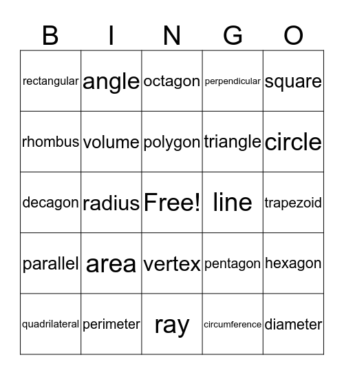 Geometry Bingo Card