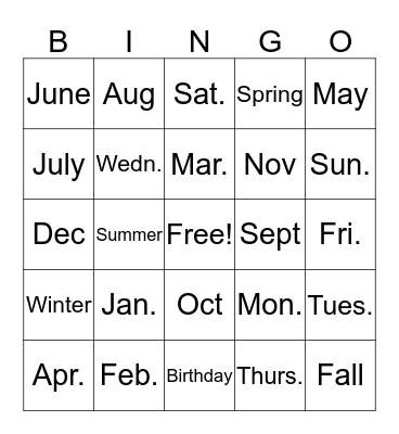 Calendar Bingo Card