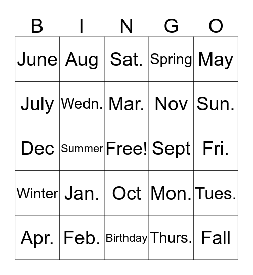 Calendar Bingo Card