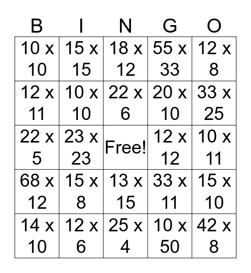 Multiplication 2-digit Bingo Card