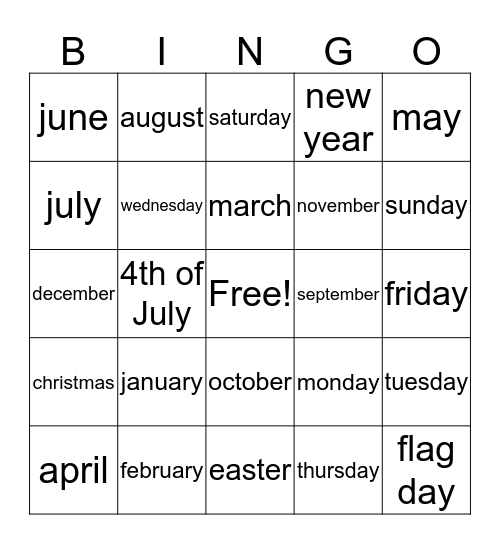 the calendar Bingo Card