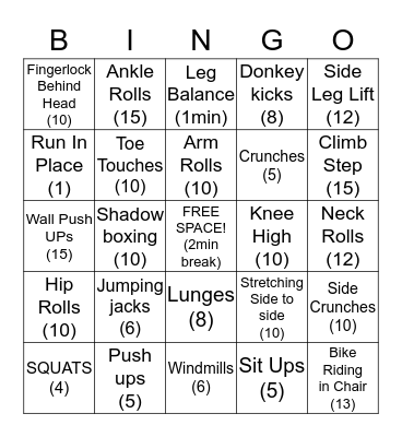 Personal Fitness Bingo Card