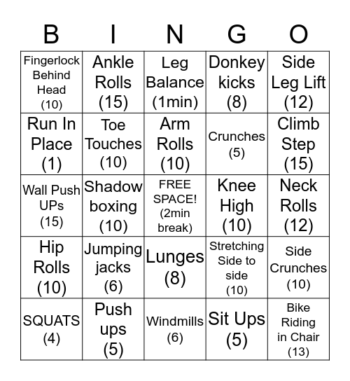 Personal Fitness Bingo Card